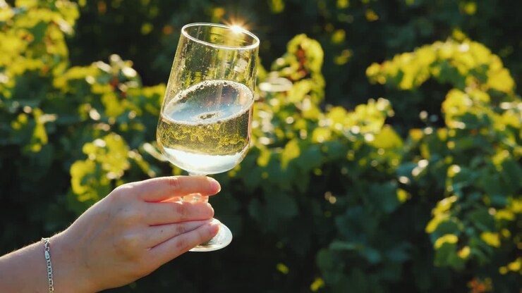 Una Mano Tiene Un Bicchiere Di Vino Bianco Sullo Sfondo Di Un Vigneto: Degustazione Di Vino