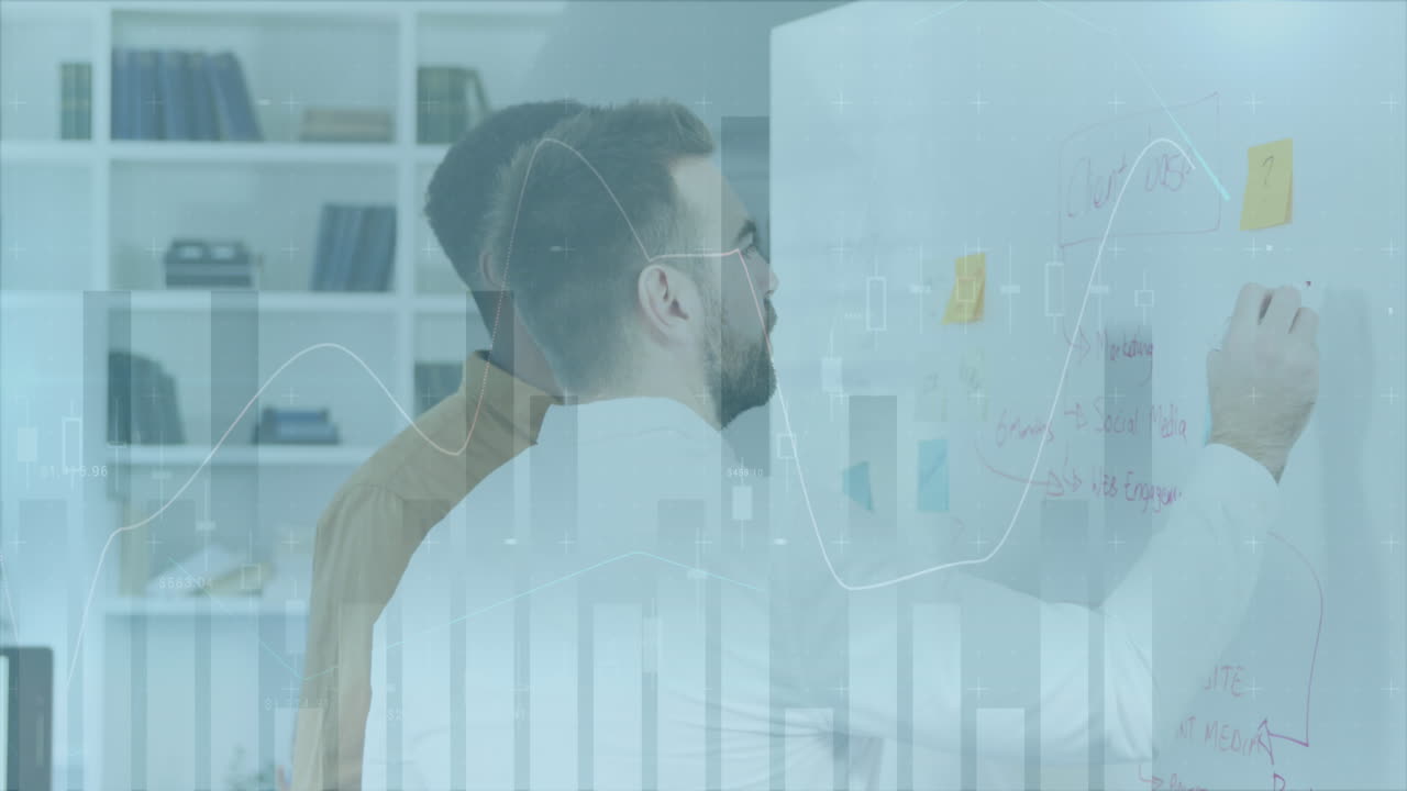 Animazione dell'elaborazione dei dati finanziari su diversi uomini d'affari in ufficio