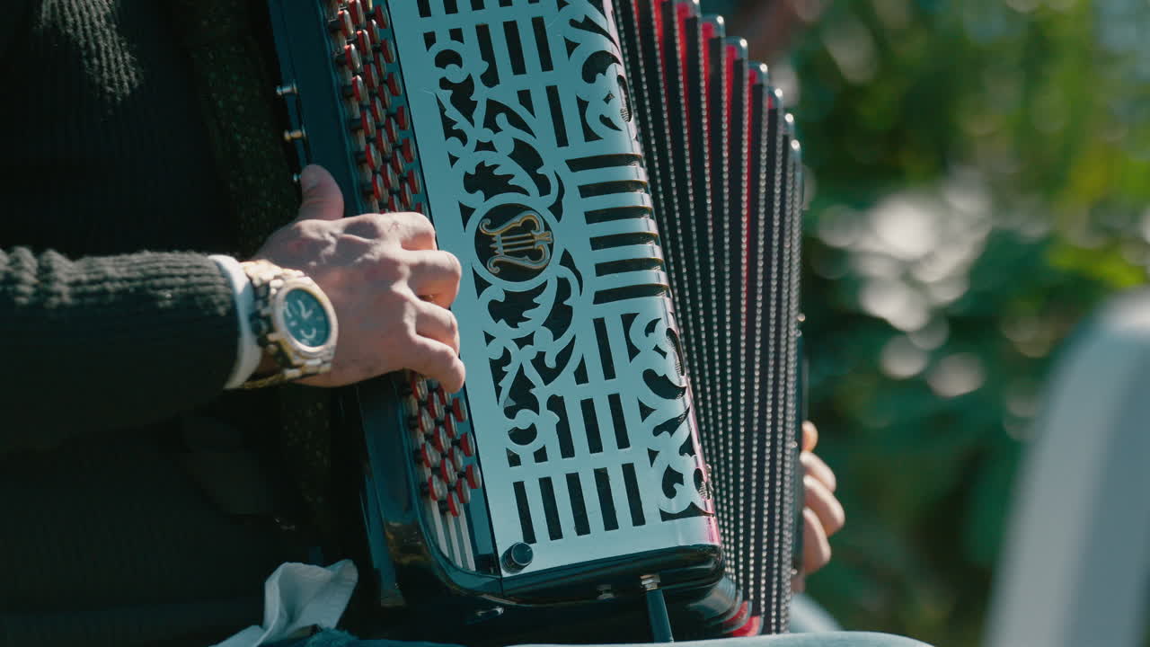 Close-up of accordionist playing Argentine folk music Chamame, cultural heritage