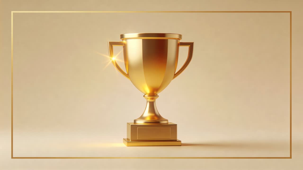 Studio light glinting on gold cup with handles, reflecting moving star flares on set showing sheen