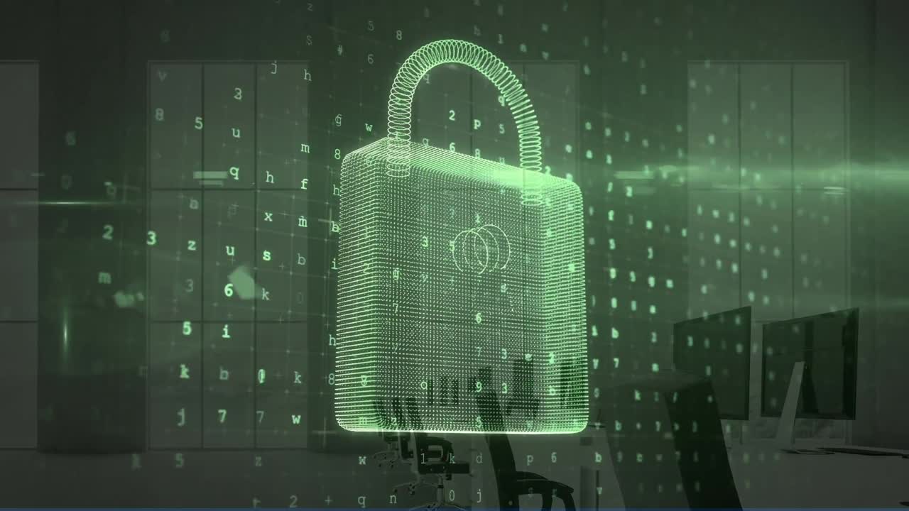 animación de candados digitales y números en las computadoras de la oficina