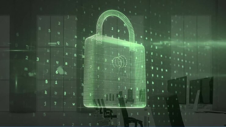 Animation of digital padlock and numbers over computers in office