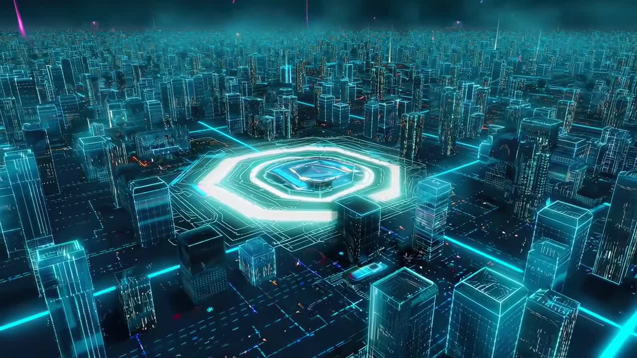 Futuristic cityscape video with a high-angle view, showcasing neon-lit skyscrapers