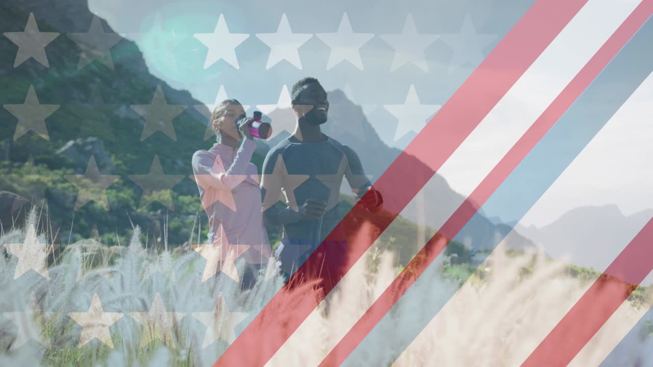 남성과 여성이 산에서 운동하는 동안 휴식을 취하는 미국  ⁇ 발의 애니메이션