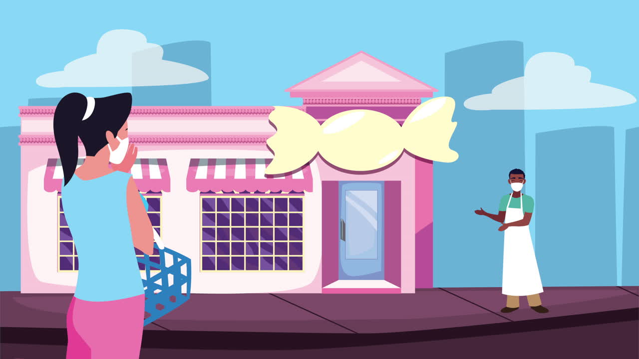 사탕 가게 밖에서 마스크를 착용 한 사람 들