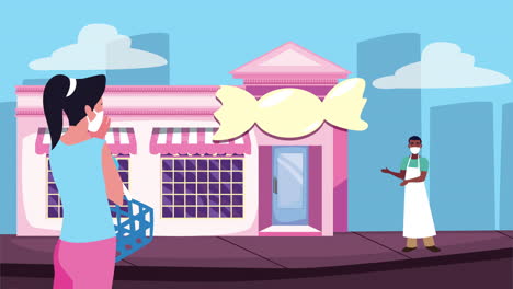 personas con máscaras fuera de una tienda de dulces