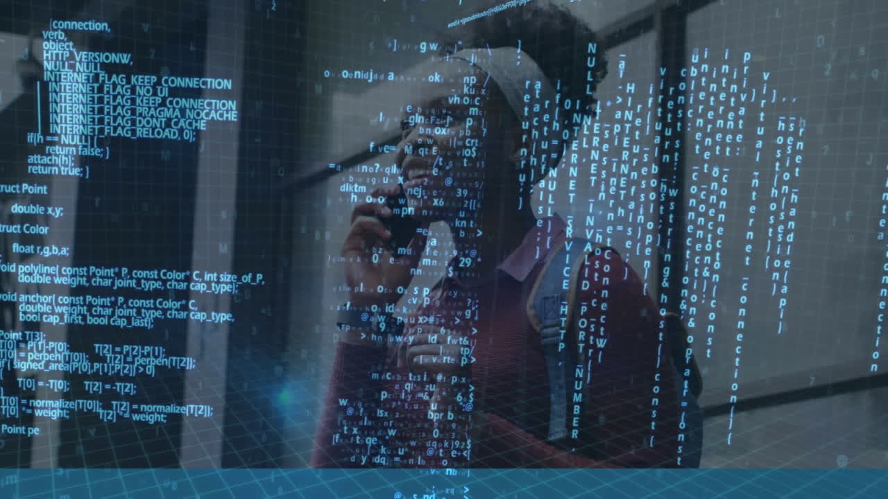 Animation of data processing over laughing african american woman talking on smartphone in city