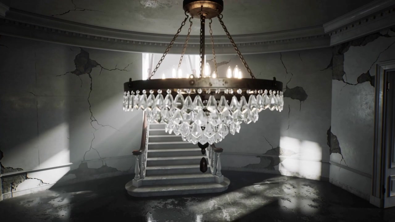 Luce solare mutevole che colpisce un lampadario di ottone, proiettando bagliori sul pavimento dell'atrio e rivelando una scala.