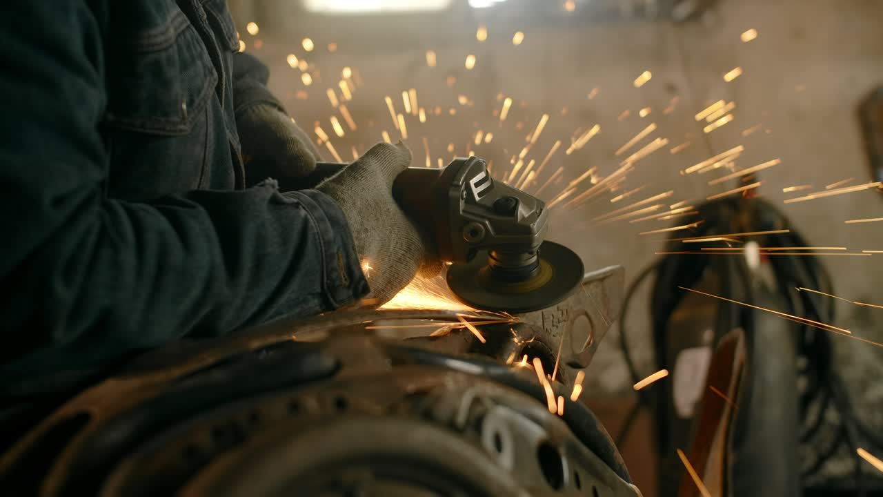 el cerrajero lija la construcción metálica con un molinillo eléctrico con muchas chispas en cámara lenta, trabajo metálico en el taller, 4k 60p prores hq