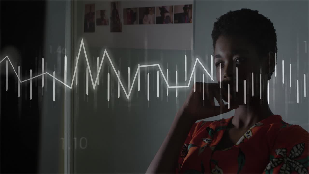 Medical waveform animation causing woman adjusting gaze, resting chin while tracking numeric pulses