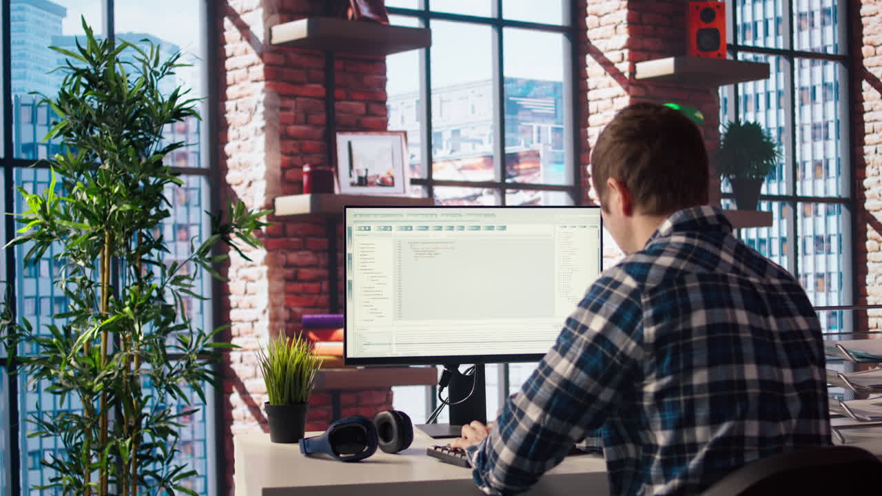 Programmer at desk typing code into computer, developing software programs
