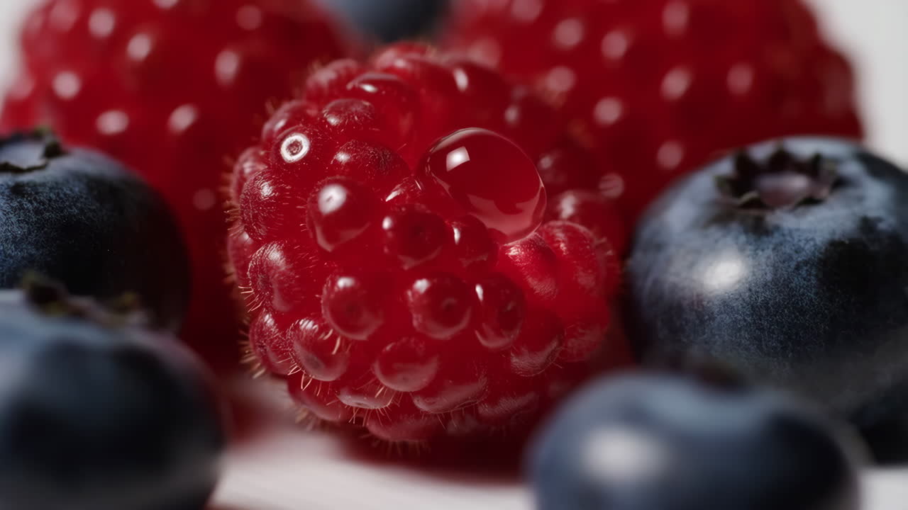 Close-up of a fresh raspberry with a water droplet, surrounded by blueberries