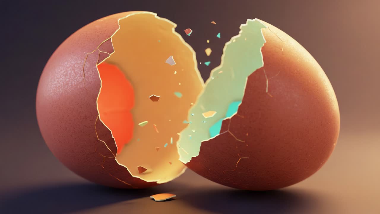 A Stunning Visual of Two Cracked Eggs Revealing Vibrant Colors Inside, Showcasing the Transition from Intact Shells to Broken Exteriors in Artistic Light