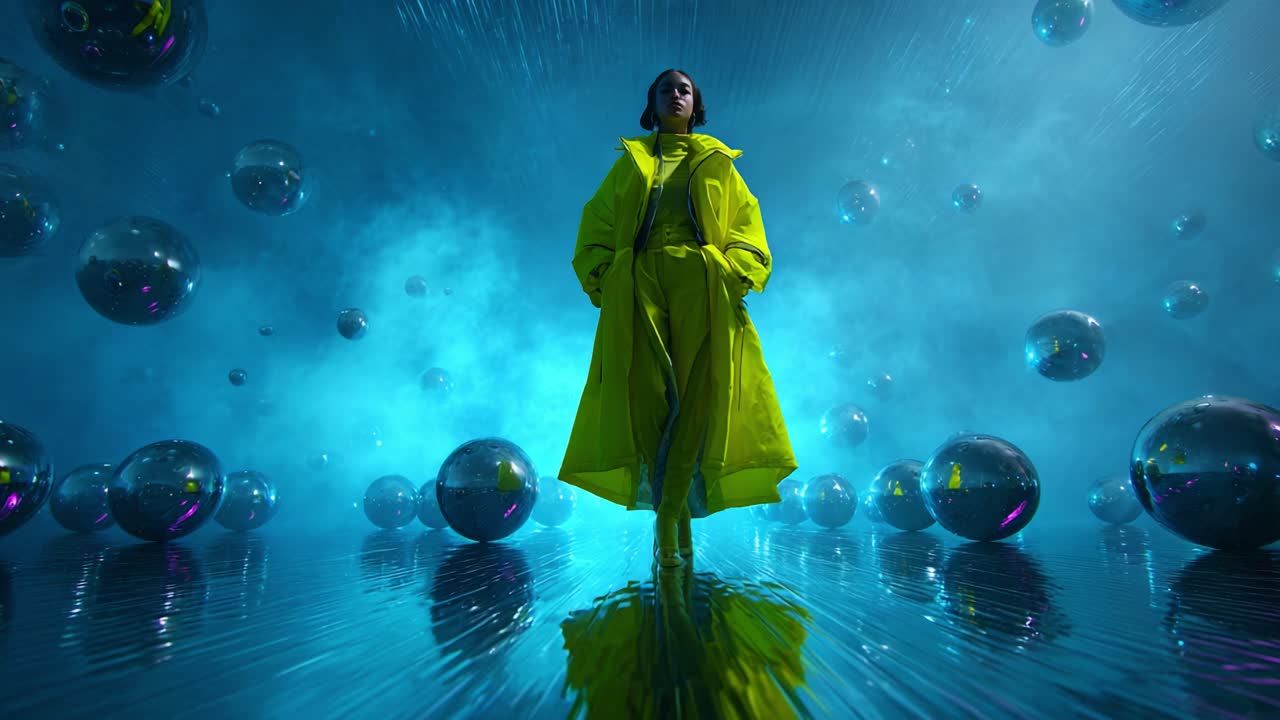 A vibrant figure stands majestically in an ethereal space, surrounded by reflective spheres and an electrifying atmosphere, embodied in striking yellow attire against a mesmerizing blue backdrop