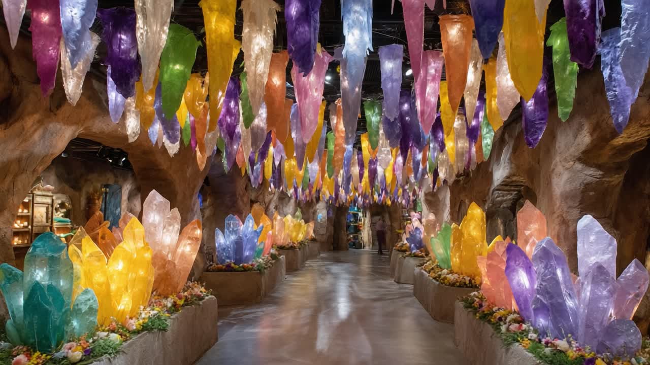 A Stunning Cavern of Colorful Crystals: An Enchanting Display of Vibrant Gem-Like Structures Suspended from the Ceiling, Illuminated by Soft, Ambient Lighting