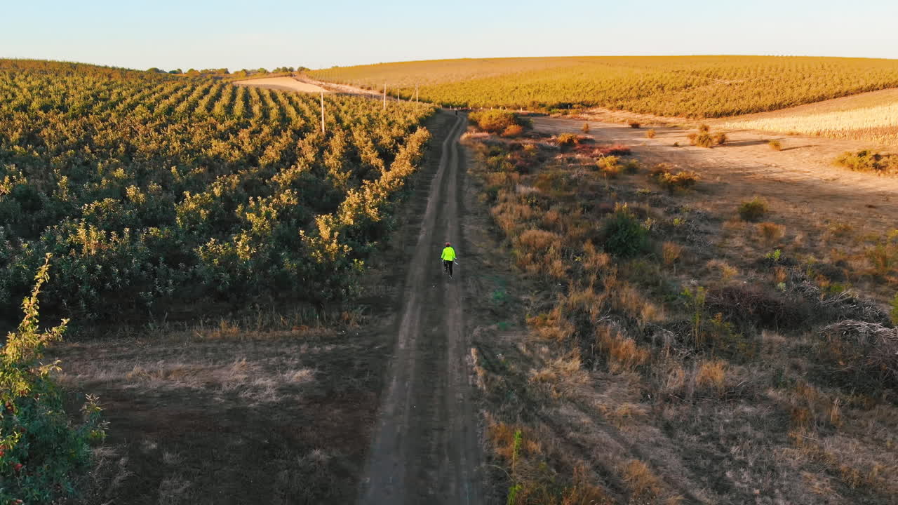 A woman cyclist with green jacket riding on a bike on a country road with field in background in Moldova. Light rays. Aerial drone view