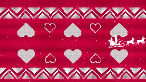 animación de santa claus en trineo con renos sobre corazones sobre fondo rojo