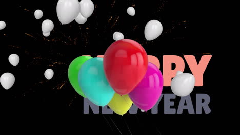 animación de texto de feliz año nuevo, globos con fuegos artificiales sobre fondo negro