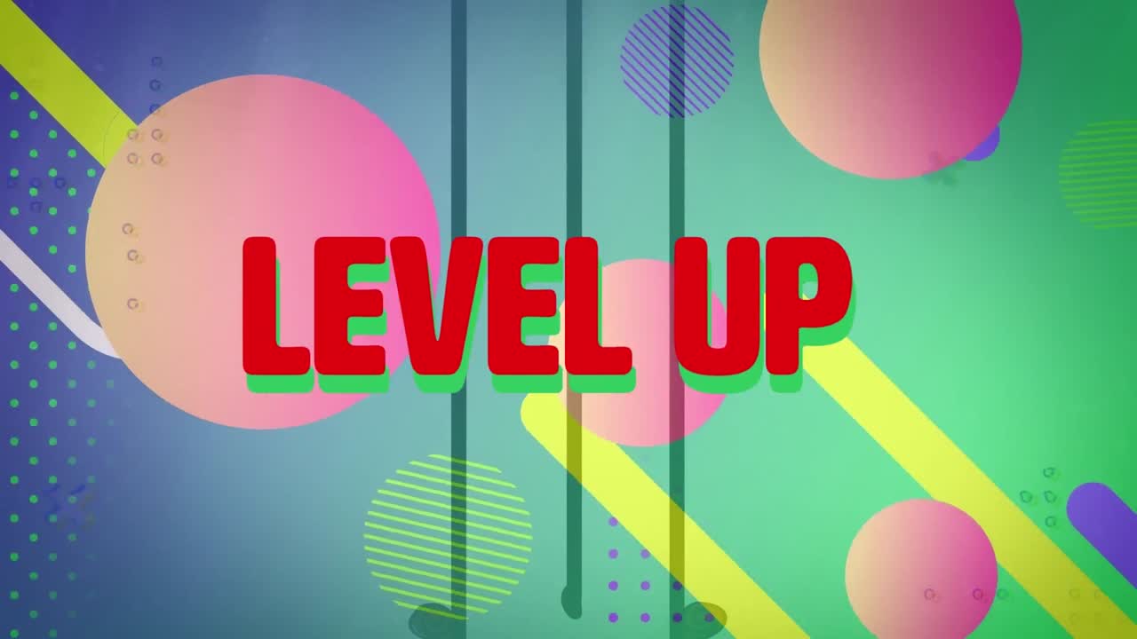 Animation of level up text over abstract shapes background