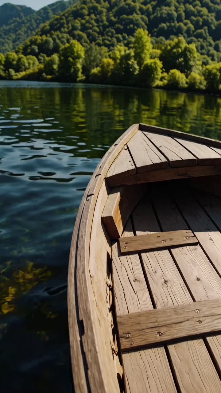A serene video scene from a low-angle view of a wooden boat on a calm lake, surrounded by lush green