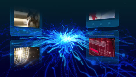 Animation of social media posts over light trails on black background