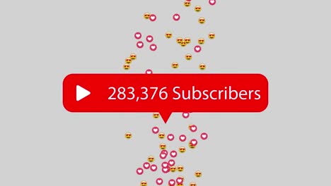 animation of subscribers growing number with emoji icons on grey background