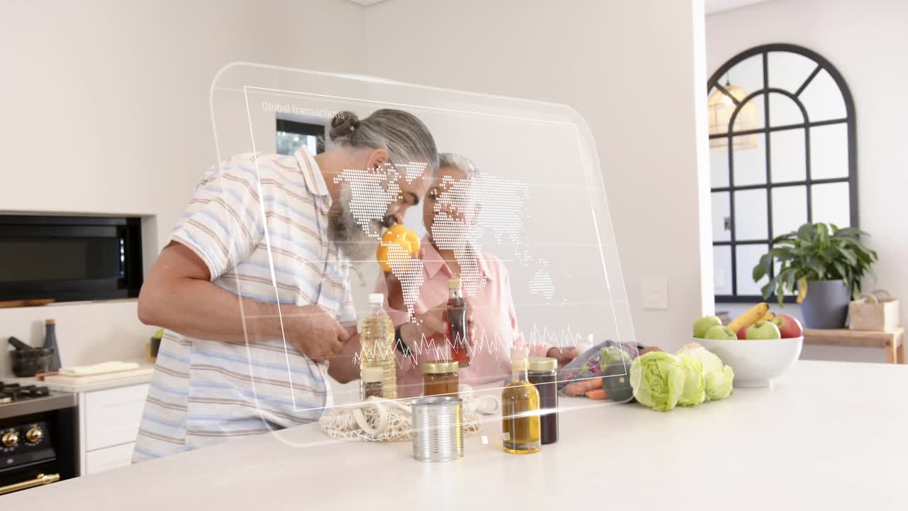 Couple placing mesh bags on island, unpacking groceries for meal prep while HUD highlighting items