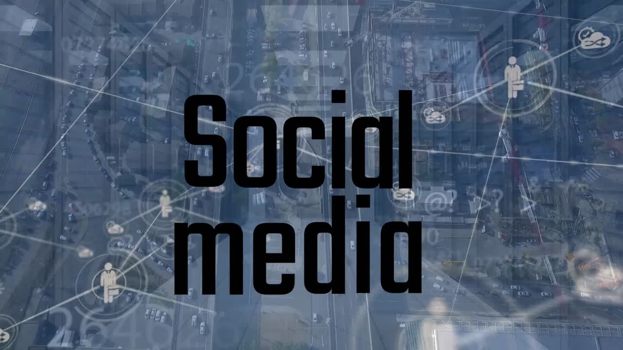 도시 풍경과 디지털 인터페이스에 대한 연결 네트워크와 소셜 미디어 텍스트의 애니메이션