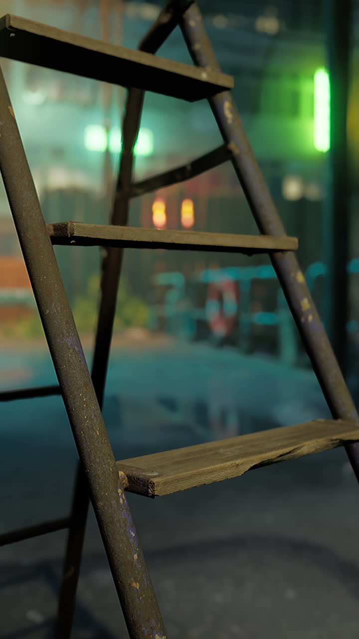 A metal ladder with wooden steps