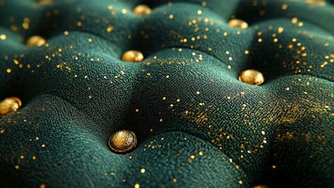 close-up of green velvet upholstery with gold buttons and glitter