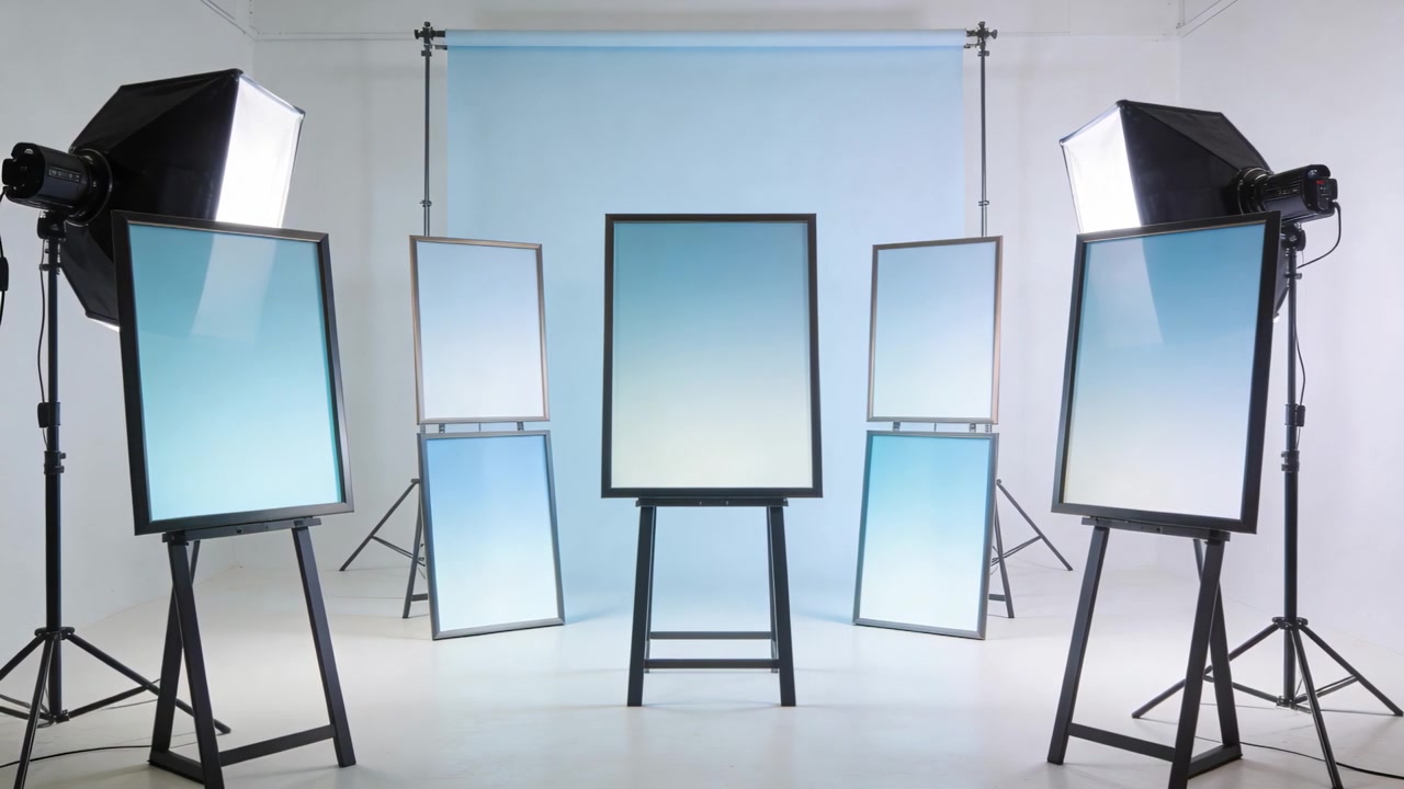 Recording fixed camera capturing central easel showing gradient board in studio, for product shoot