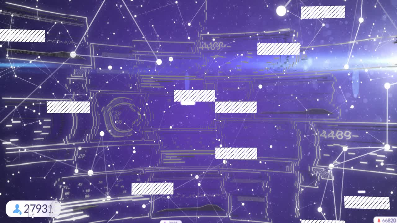 Thin horizontal beam sweeping in, data panels sliding, fading and nodes pulsing, showing data flow