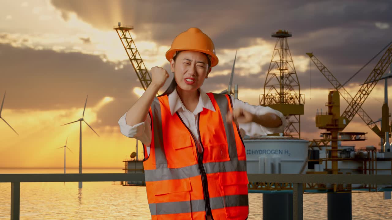 신재생 에너지 프로젝트를 축하하는 흥분한 여성 엔지니어