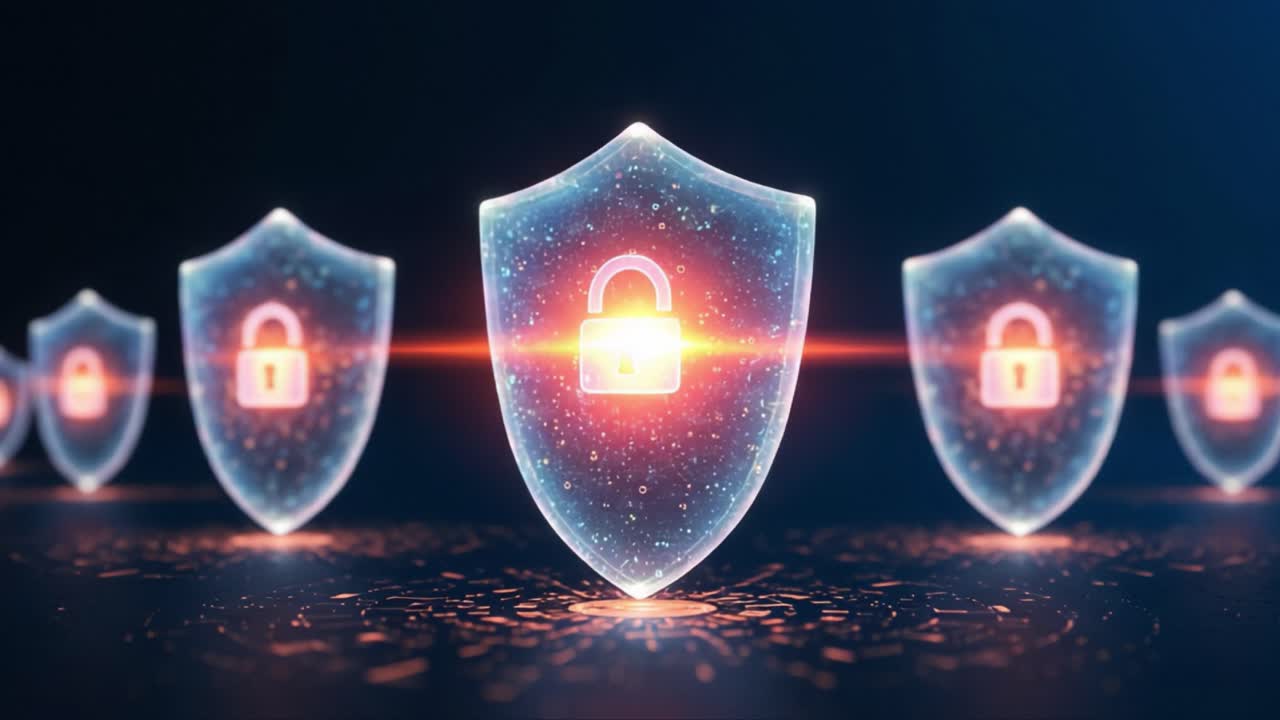 A Futuristic Display of Digital Security Featuring Multiple Shimmering Shields with Lock Symbols Representing Data Protection and Cybersecurity Innovations