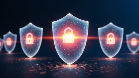 a futuristic display of digital security featuring multiple shimmering shields with lock symbols representing data protection and cybersecurity innovations