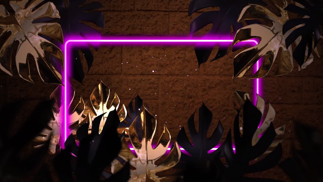 animación del espacio de copia y el marco de neón sobre hojas sobre fondo de ladrillo