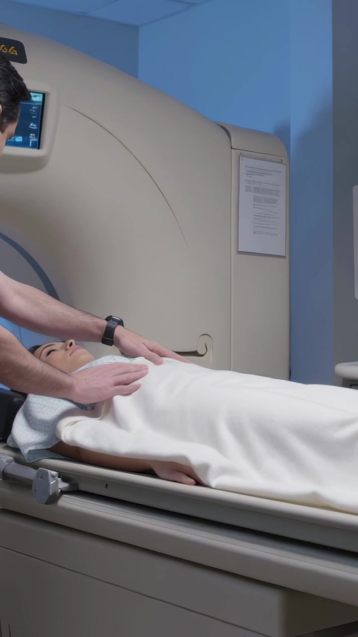 Video verticale: Utilizzo di tecnologia a pannello per far scorrere un paziente in camice nella gantry in radiologia per una scansione