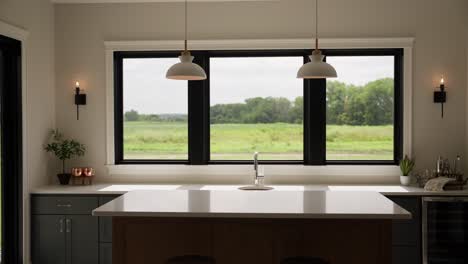 Panning-shot-of-bright-basement-bar-area-with-white-countertops,-island,-and-natural-light-from-surrounding-windows