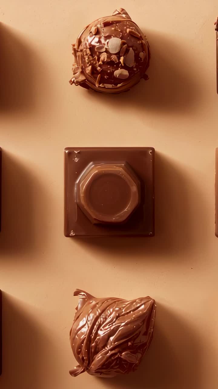 Vertical video: Shifting studio light revealing gloss on three chocolates on beige surface