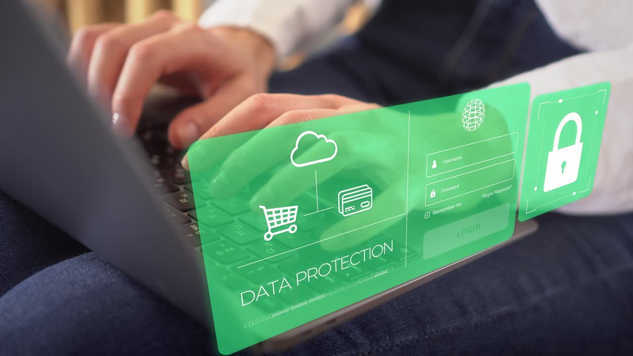 escena de una mujer escribiendo en la oficina y haciendo pagos en línea con billetera digital y inicio de sesión seguro, protección de datos de seguridad, vpn, seguridad cibernética de internet, protección contra delitos cibernéticos, gráficos de color verde