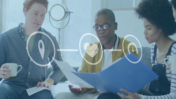 Animation of icons and data processing over diverse business people in office