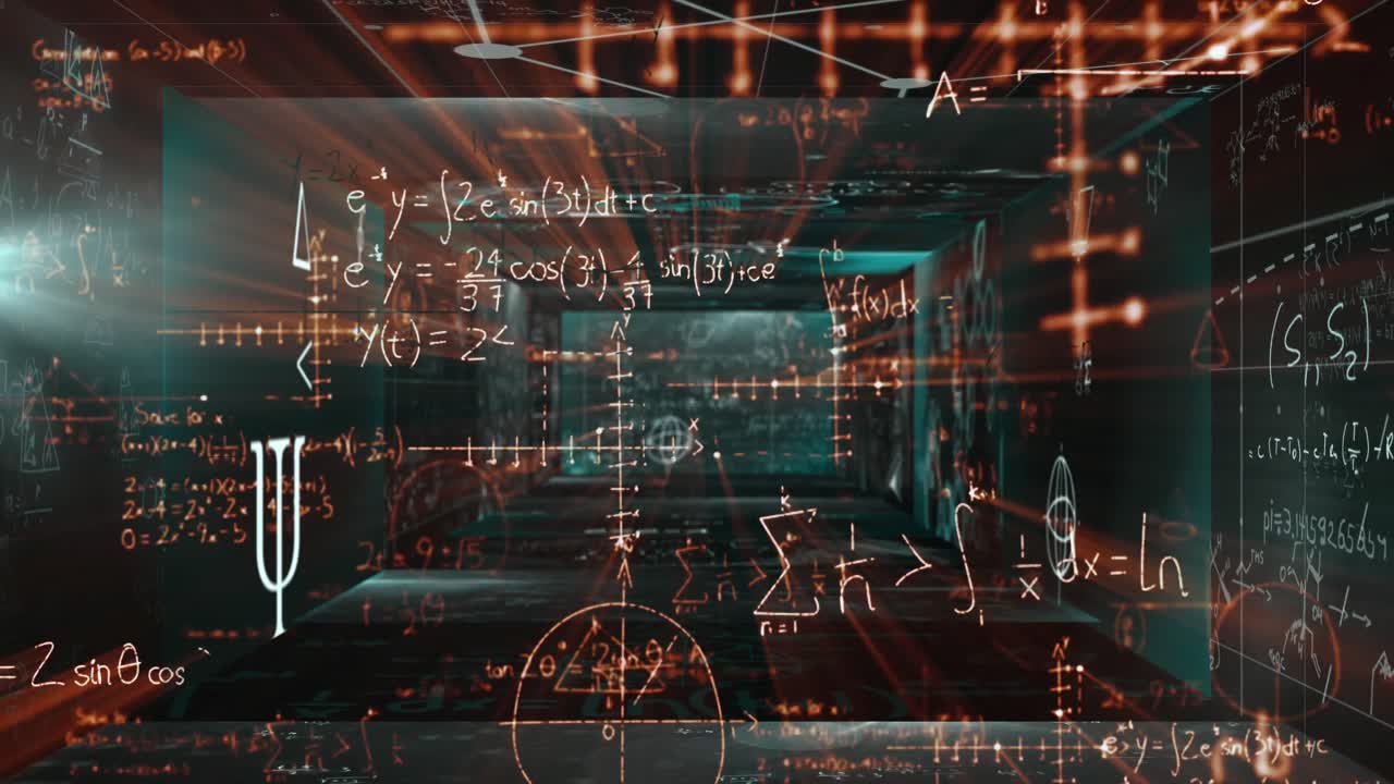 Mathematical equations floating against screens with mathematical symbols on green background