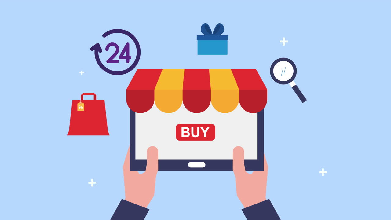 전자 상거래 아이콘을 가진 태블릿을 사용하는 손