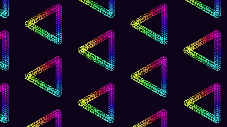 Neon futuristic triangles pattern with rainbow rings on black gradient