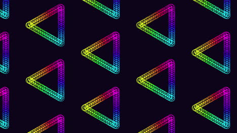 neon futuristic triangles pattern with rainbow rings on black gradient