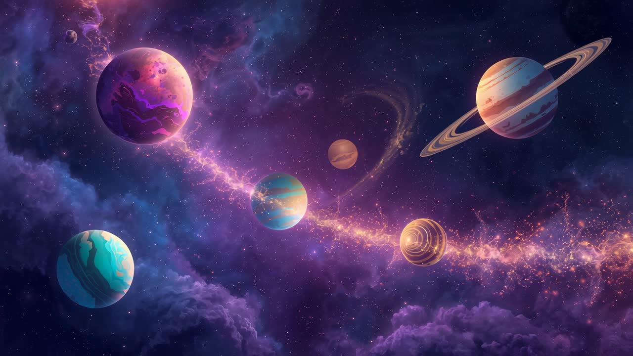 Playback starting dust stream arcing through purplepink nebula in space with six varied planets