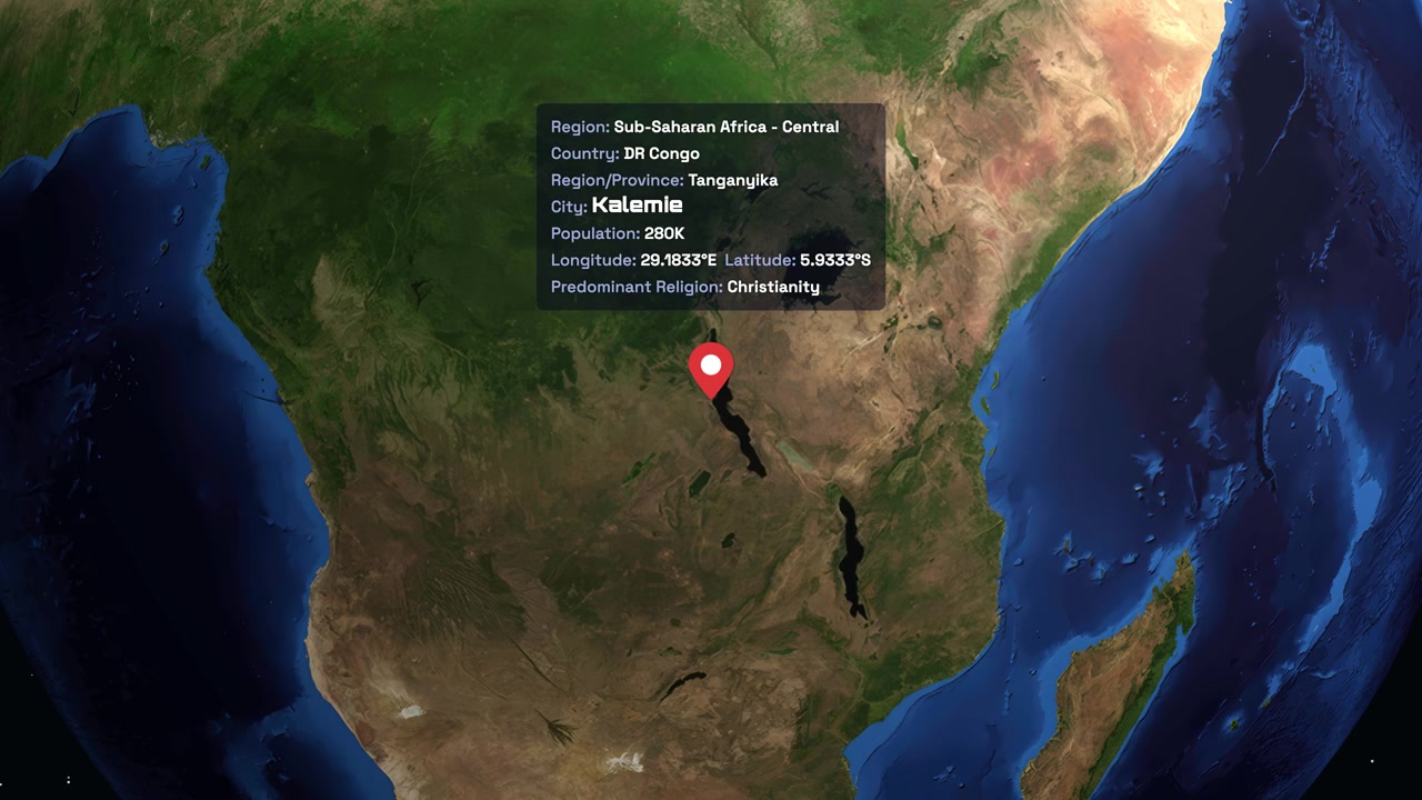 Digital animation zooms from space into Kalemie, Congo, displaying geographic data and location markers