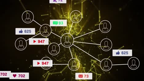 animación de iconos de medios y red de conexiones sobre formas.