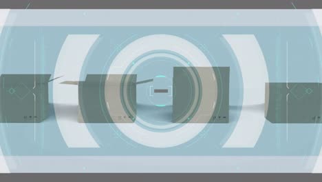 animation of data processing over cardboard boxes on conveyor belt