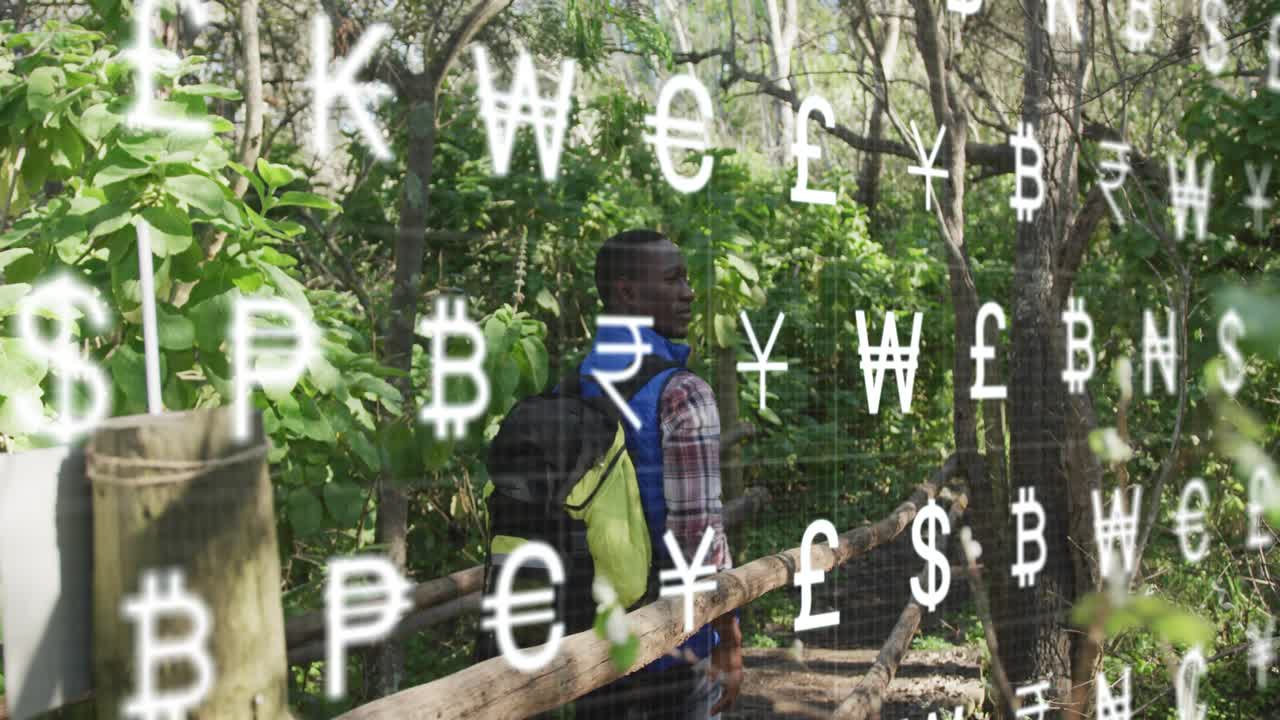 Man approaching fence, pausing scanning trees while AR currency overlay presenting finance data